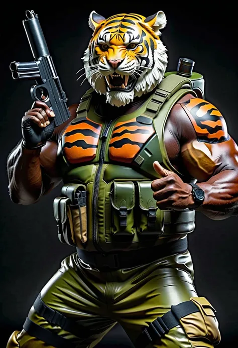 (a dark-skinned bearded fat muscular old man in a bulky army camouflage zipper diver suit) holding a gun, (wearing a small-sized realistic roaring tiger mask), dynamic action pose, fierce expression, showcasing an imposing stature, surrounded by military e...