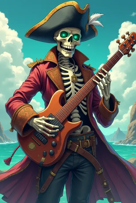  Anime-style skeleton ,  wearing pirate clothing , a hat wearing ,  an emerald eye ,  holding a canfona