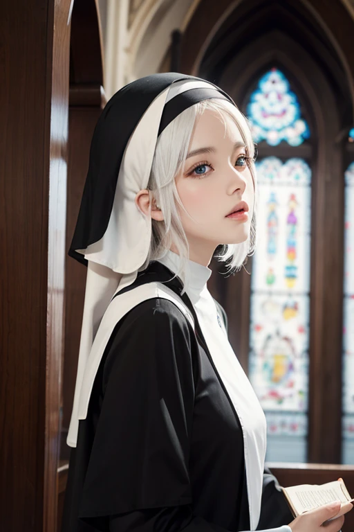 nun, [cross, Bible, white hair, church, Realistic and detailed eyes  