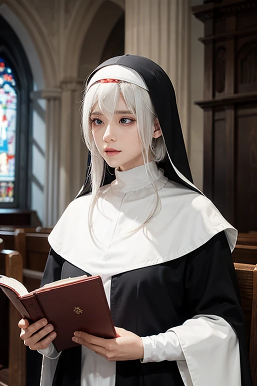 nun, [cross, Bible, white hair, church, Realistic and detailed eyes  