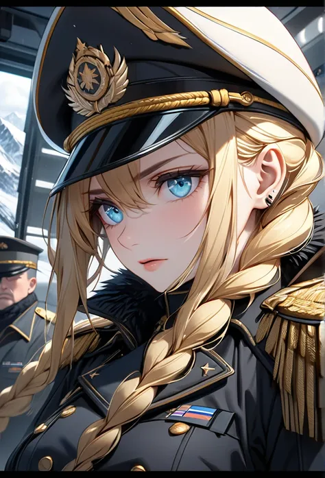 Upper body close-up（((masterpiece), on)""A female soldier with strong charisma and a cold, commanding leadership presence. She has icy, piercing eyes, a sharp expression, and long braided blonde hair. She is dressed in a black military uniform with luxurio...