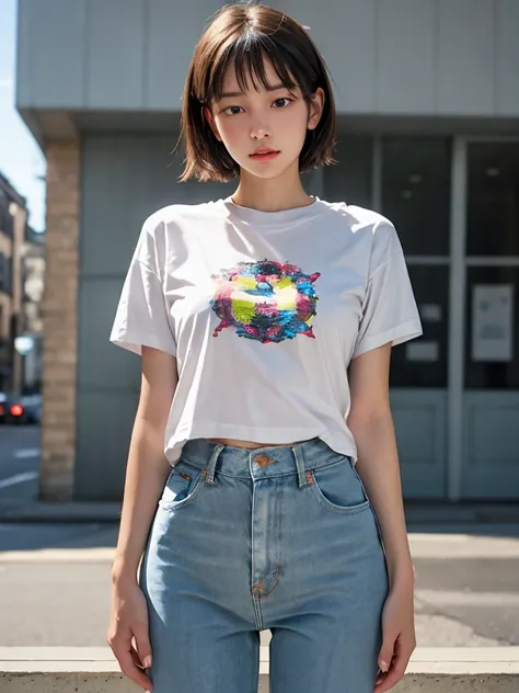  girl、 white t-shirt、jeans