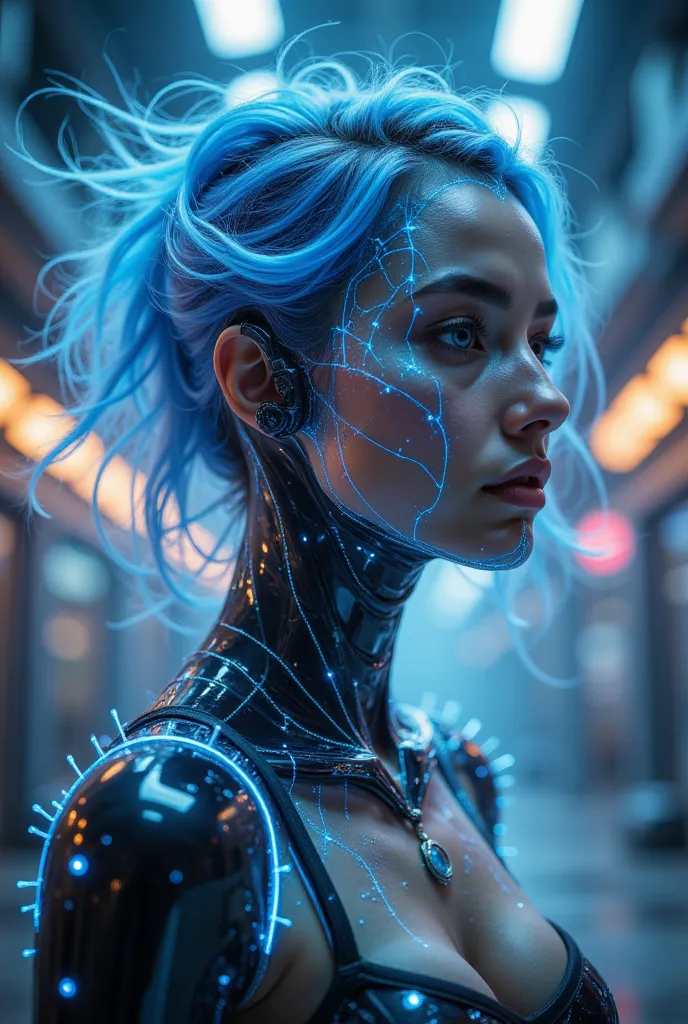  a futuristic cyberpunk girl, with neural network-like hair ,  detailed futuristic characters ,  complex bionic implants ,  Glowing blue energy ,  super detailed, 8K,  surrealism,  movie lights , Dramatic Colors, masterpiece