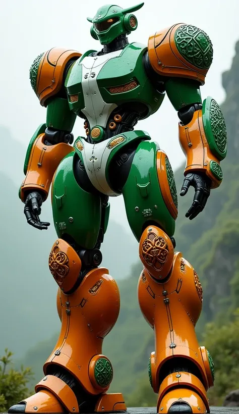 A giant robot inspired by Ireland, with green, white, and orange colors. The design incorporates elements of Celtic knots and shamrock shapes, with sturdy, rounded armor. Its high-gloss paint finish shines brightly, making it look as polished as a new spor...