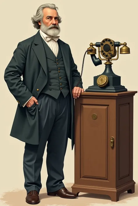 In the foreground, an illustration of Alexander Graham Bell standing proudly beside his invention, the early telephone (a wooden box with a metal receiver and transmitter). He could be depicted with a determined, visionary expression.