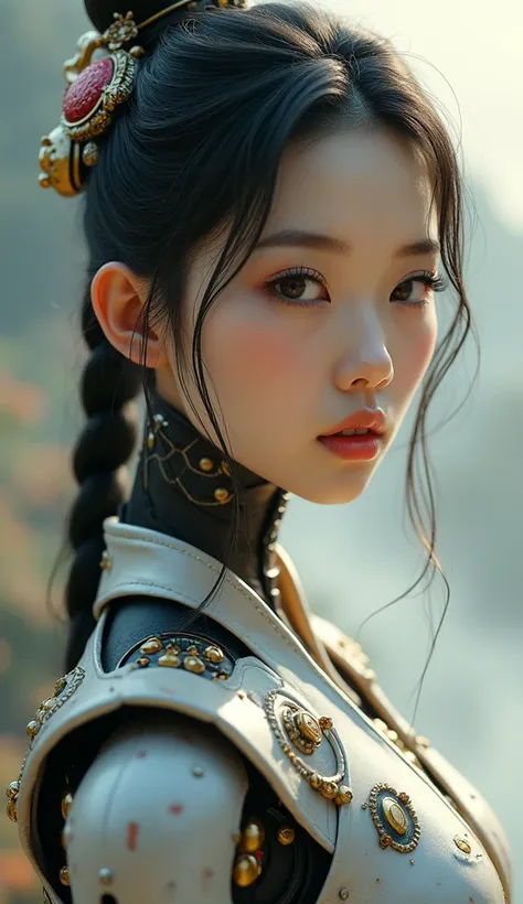  The character is mechatronic ， The background is made of mechanical and metal ，It has a mechanical structure 。 This is a realistic photography work of a character ， for a close-up of the girls bust ， The girl looks back into the camera 。 The background is...