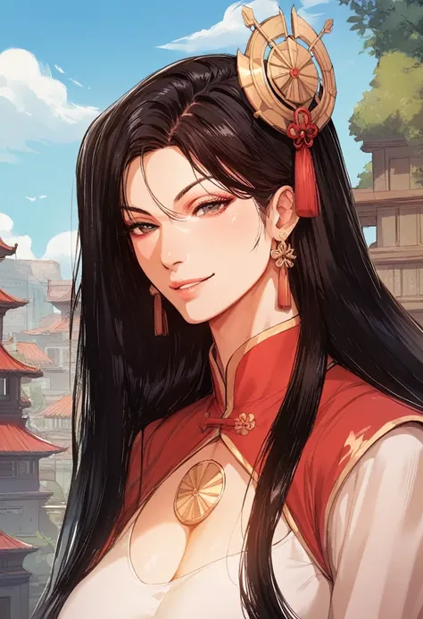 Chinese, big breast , long hair,  hair ornament , earrings,  high quality ,  is highly detailed, masterpiece,Arrogant smirk ,  dark hair ,  royal 