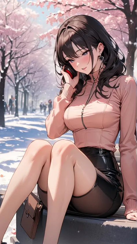 ((Top Quality)), ((Masterpiece)), ((Details)), perfect face, perfect body, winter background, working in the park, listening to music, sitting with legs apart, wearing tight clothes, wear a tight skirt, dating, Woman with face visible, glamorous, peach clo...