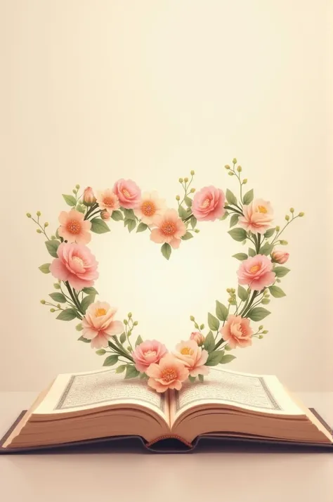 "An open Quran with
pastel-colored flowers
blooming out from the pages,
forming a heart shape above
it. The flowers are in soft
shades of pink, peach, and
beige, surrounded by delicate
green leaves, giving a light
and peaceful vibe. The


background is a s...