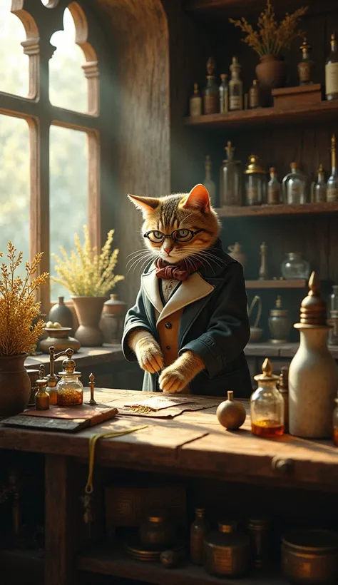 "A Victorian apothecary cat, preparing herbal remedies in an old-fashioned shop."
