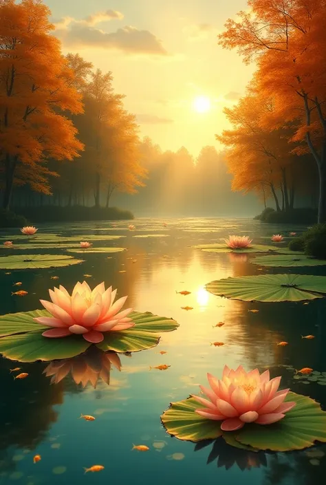 "Lakes surrounded by golden, sun-like trees, with large golden lotuses floating on the water. Golden fish swim gracefully in the clear, reflective water, creating a serene and enchanting atmosphere. The entire scene glows as if bathed in sunlight."