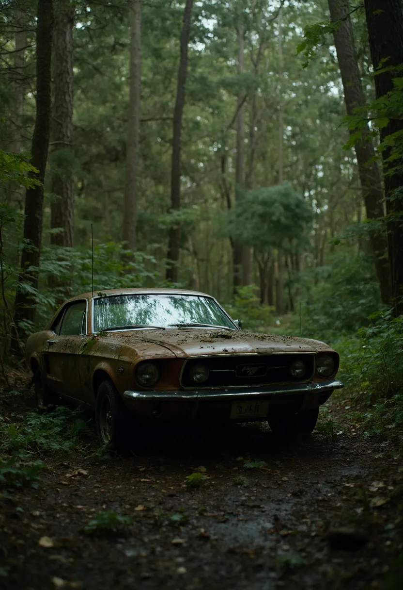 ((masterpiece)) ((photography)) ((highest quality)) a dusty, dirty, abandoned ford mustang in the middle of an overgrown forest,...