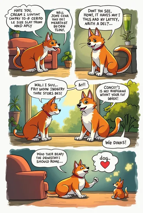  Create a 1-page comic about a cat and a dog with speech balloons, all in English  