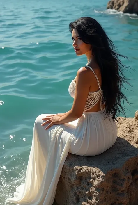 "In the image, An latina  woman chubby curves sensual is sitting on a rock by the sea blue deep. She is wearing a long dress white with pearls, pearly white beads in her 10 meter long black hair , looking into camera，Long hair fluttering slightly in the wi...