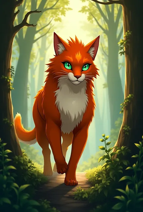 Semi-realistic, Firestar from Warrior Cats, feral cat with emerald green eyes and flame colored fur, a white heart-shaped spot on his chest. Hes walking through the forest, adventure, fantasy, bright colors.