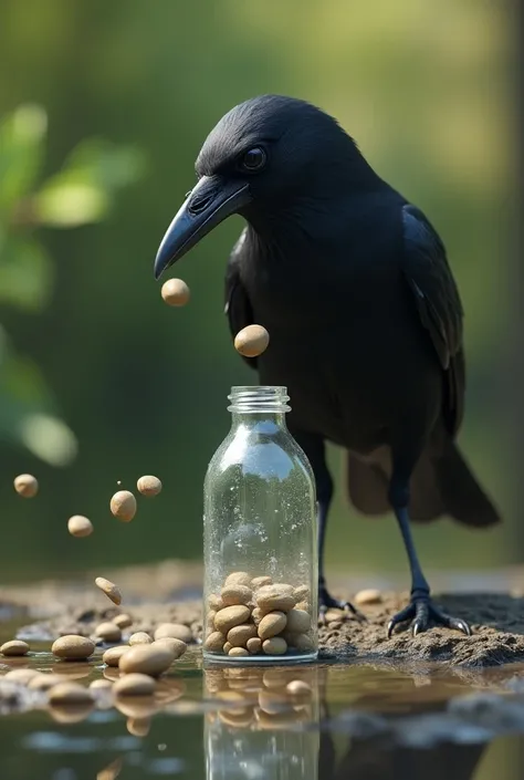  The crow put the pebbles into the bottle one by one。 The water in the bottle gradually rose ，The crow drank the water 