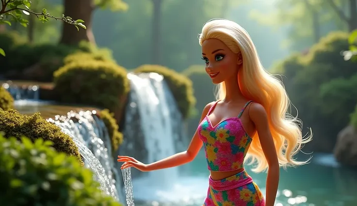 Barbie near a small waterfall, reaching out as if to feel the falling water. She has a curious and joyful expression, capturing her love for nature."
