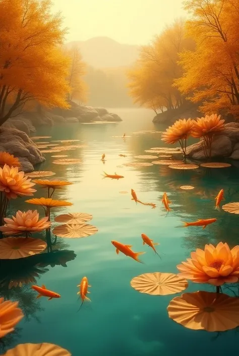 A very clear ultra HD Dyanamick picture"Lakes surrounded by golden, sun-like trees, with large golden lotuses floating on the water. Golden fish swim gracefully in the clear, reflective water, creating a serene and enchanting atmosphere. The entire scene g...