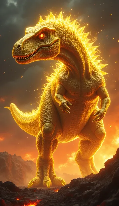 "A fearsome hybrid creature combining the immense power of a T-rex with the brilliant shine of a golden diamond. The T-rex’s massive body is covered in tough, shimmering golden scales that glisten like diamond facets, giving it a radiant yet intimidating a...