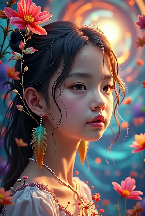 realistic, 8k, high resolution, ultra-detailed, intricate fractal art, masterpiece, extremely detailed, hyper-detailed background, abstract background, 1 young girl, colorful, flowers, glowing skin, vibrant colors, earrings, feathers