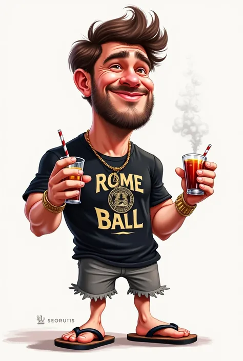 4k caricature image of guy wearing black as rome ball t-shirt is drinking while smoking and wearing flip flops