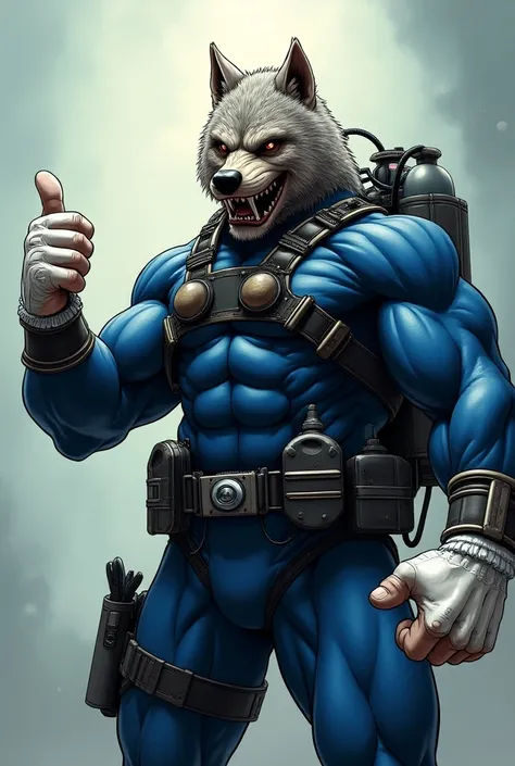 (A rugged beefy very muscular bulky old man), (wearing blue wetsuit), (wearing realistic roaring wolf mask), thumbs up pose, wearing bulky scuba gear, wearing rebreather, muscular physique, toned muscles, fierce, heroic, action, comic artstyle, bulky best ...