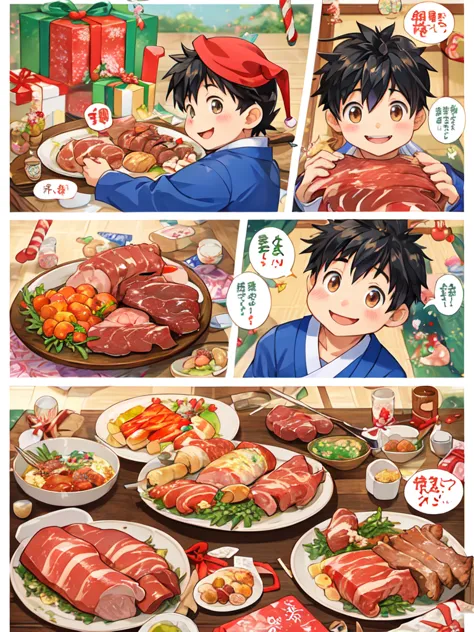 Illustrated Cartoons、Japanese Manga、 a boy talking about presents  、A birthday story 、  A four-frame comic depicting delicious meat、Delicious meat dishes as gifts、  happy face、  your smile is cute 、  a boy talking about meat  、