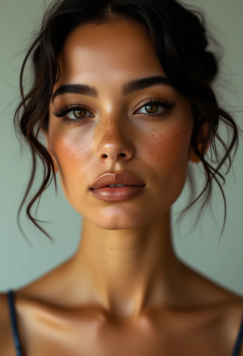 this is a highly detailed, high-resolution photograph of a woman with striking features. she has a radiant, olive-toned skin wit...