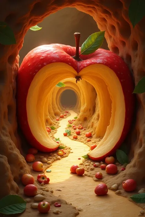 a view from within an apple, a cave system inside of the apple fruit, with passages and paths, the walls and ground made of apple flesh, on the ground and walls there are apple seeds, some stuck, with a stylized and fantasy art style