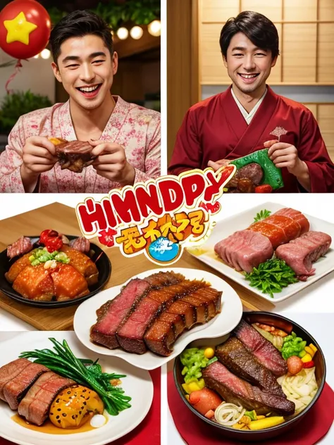 Illustrated Cartoons、Japanese Manga、 a boy talking about presents  、A birthday story 、  A four-frame comic depicting delicious meat、Delicious meat dishes as gifts、  happy face、  your smile is cute 、  a boy talking about meat  、