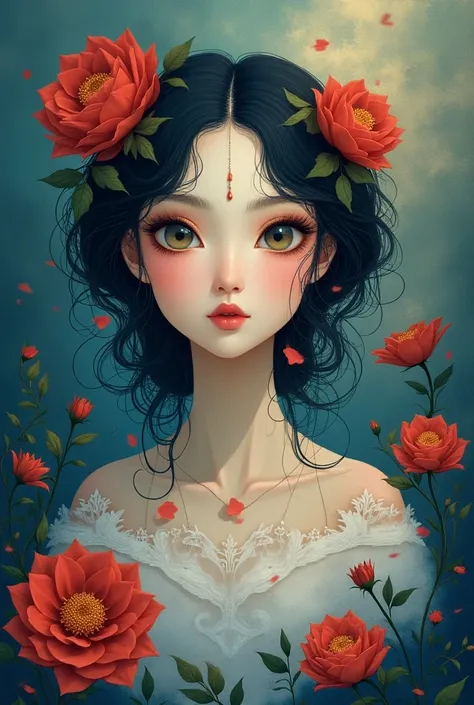 Exquisite details,  surreal atmosphere ,  ethereal beauty,  vibrant colors  ,  soft lighting, fantasy theme , mystical presence, Delicate Foliage ,  a beautiful red rose,  intricate patterns , Dream quality, Captivating gaze,  flat illustration 