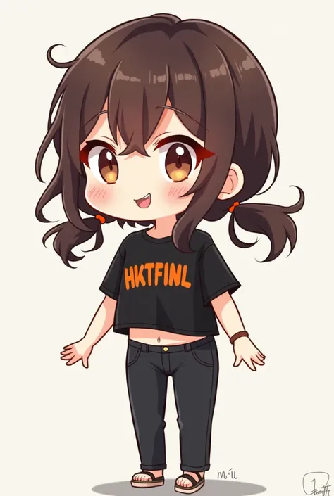 Chibi of a slack-haired brunette girl with two locks of hair falling on her face wears a black crop top and black pants with a black t-shirt with orange lettering the girl is smiling 
