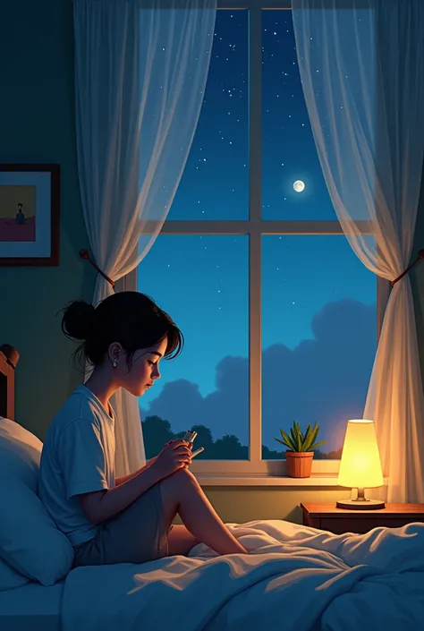 Depict a peaceful nighttime scene with a person sitting by their bed or at a window, quietly reflecting before sleep. They are holding a journal or simply sitting with a thoughtful expression, thinking about something they are grateful for. Soft, warm ligh...