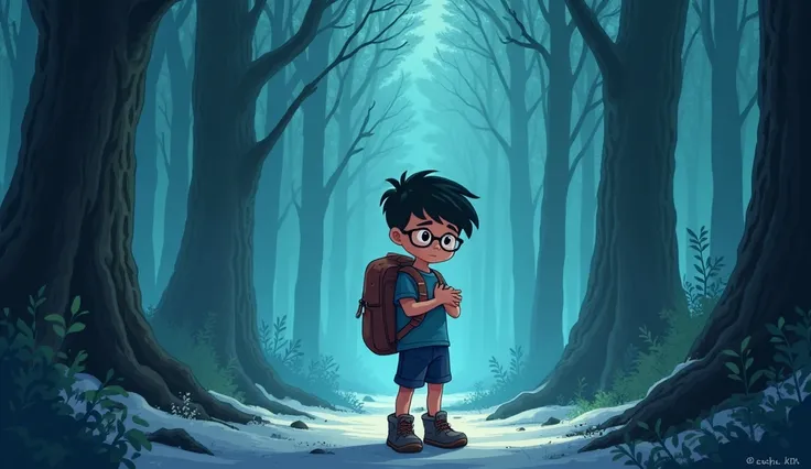 a cartoon little boy features wearing specs,navy colour shorts,blue t-shirt, boots and carrying trek bag is standing and shivering from cold (folding hands) in a big forest of big long trees and the air grew thick with an eerie silence