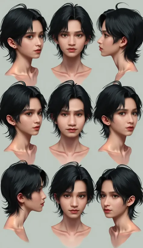 "Generate a series of detailed images of a characters face that is consistent with a 15-year-old male with facial features of medium-length black hair, small, slanted eyes, mysterious, and enigmatic when viewed from all angles (front, back, left profile, r...