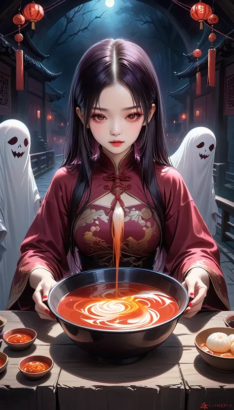 a Chinese ghost story, a ghostly bridge, Meng Po serving soul soup, ghost festival, terrifying, detailed portrait of a female ghost with long black hair, pale skin, sunken eyes, sharp teeth, dark energy, dark shadows, moody lighting, deep red and purple co...