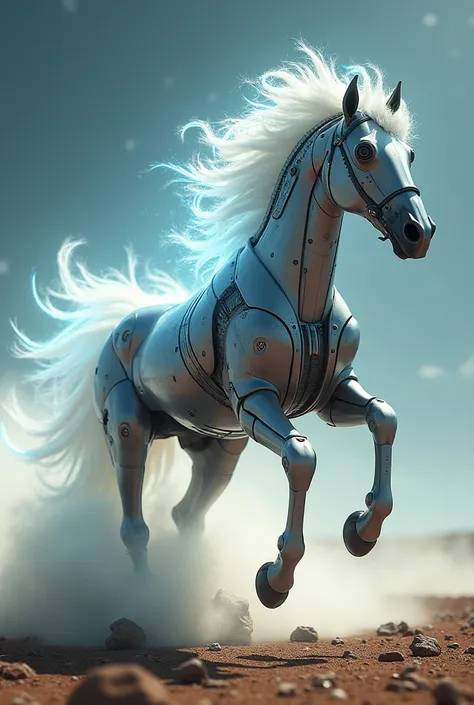 Horse, powered by nuclear energy , energy ball around horse, make the horse running , and mechanical from future, with white flame like dust, relasing from horse, white flme, a perfection to human eye, more  real to human eye, power equal to  a observable ...