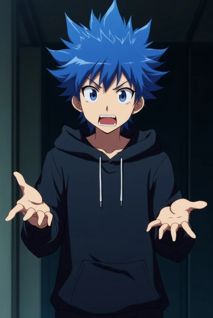 Generate anime character with blue hair wearing black hoodies trying to explain something to us (tall boy)