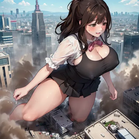  cute high school girl, Jessica Biel , Brown Hair,Wavy hair with bangs (Big Breasts:1.2),  perfect body ,( plump body ),Sweaty body blush,  cleavage.body fluid、Heat、(blouse、 black skirt :1.2),Full body image　Aerial photography、Destroying the city with a sm...