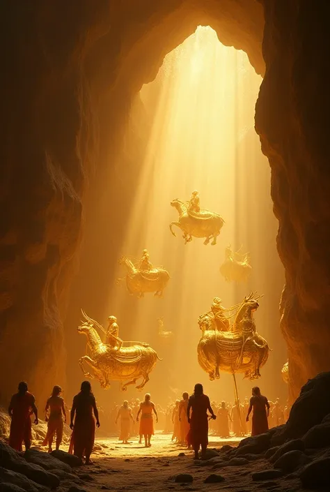 "Golden and silver chariots (vimanas) hovering nearby, Hanuman armys with exquisite detail. The chariots glimmer under the cave’s radiant light, appearing almost otherworldly in their design and elegance."