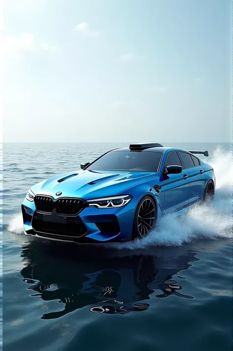 A hybrid ship which is made up by a blue bmw m5 competition and a ship