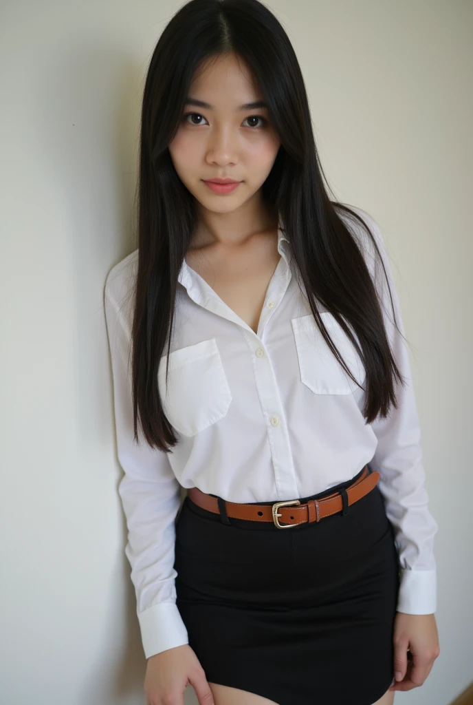 Long hair, Black hair,  thai student uniform, Asian woman, thai female boobs ,  big breasts,  seen tits , Mini skirt, realistically, Photoshoot, movies, Lasting , sexy, Black eyes, White shirt, Brown Leather Belt