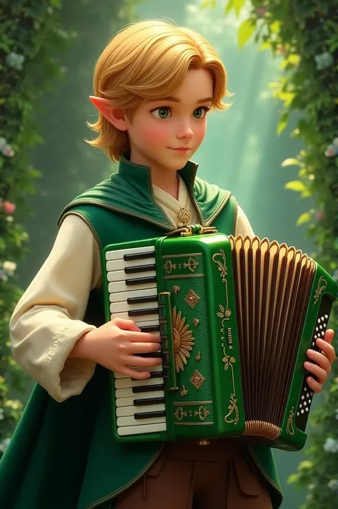 Straight-haired blond prince playing a green accordion