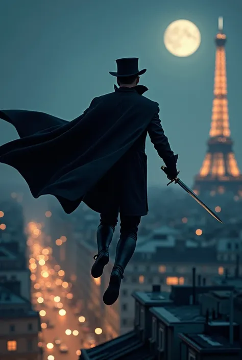 Un voleur masqué style Arsène Lupin avec une cape court sur les toits de  Paris avec  une épée dans sa main 