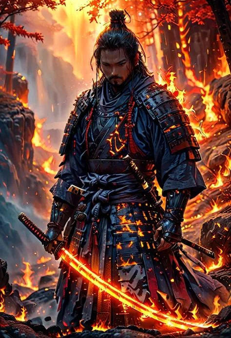 score_9, score_8_up, score_7,an epic katana, legendary katana sitting in a rocky stand, there are glowing runes on the katana, flames are reflected on the shining blade, katana, FireMagicAI