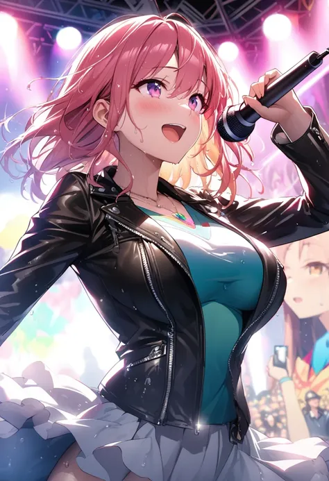 Beautiful girl 、Age 30、Best Quality、Ultra-precision、Detailed drawing、Hold the microphone、Singer、Outdoor Stage、 acrobatic leap for the camera、Sharpness、colorful v-neck shirt、 leather jacket 、Close to the body、Beautiful big boobs、 wet hair、Vivid colors、A ver...