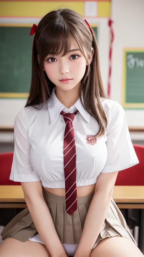 (( セーラー服を着た女子 high school students:1.5 )), (( Red Ribbon Tie:1.5)),( white shirt :1.3),(blazers:1.3),Deep waistline,((white ultra short pleated mini skirt:1.5)),(( skirt flip:1.3)),(( show me white panties with chest and knees :1.3)), 1 girl,   cowboy shot...