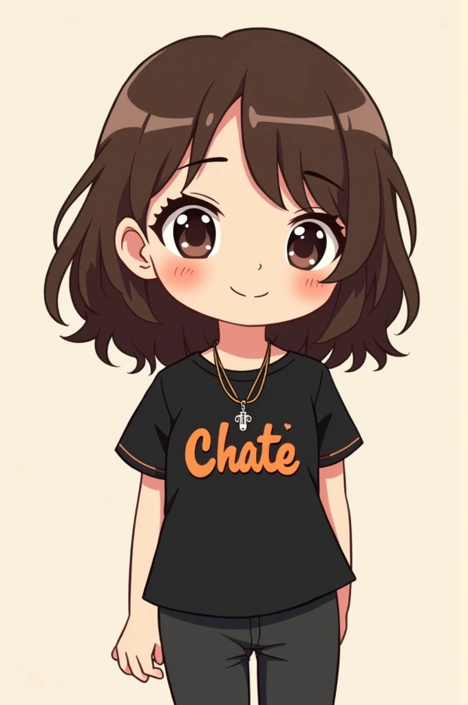 Chibi of a slack-haired brunette girl with two locks of hair falling on her face wears a black top and black pants with a black t-shirt with orange lettering the girl is smiling 
She wears a necklace with a guitar charm 