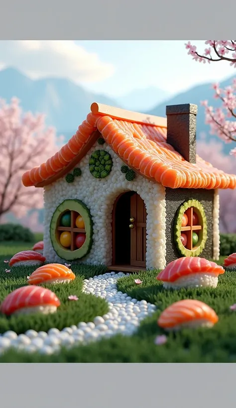 Create a dreamlike Japanese house entirely made from sushi ingredients, with vibrant colors and intricate details. The walls should look like rice and nori, decorated with salmon, tuna, and cucumber rolls as windows. The roof is made of sliced salmon, whil...