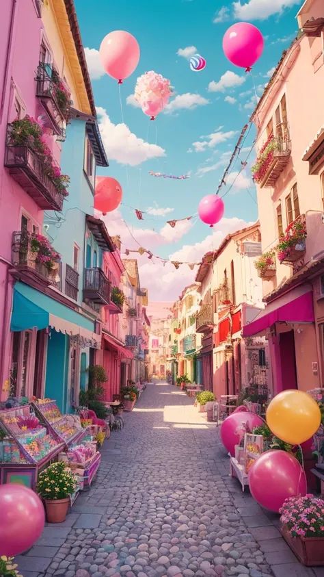 A dreamlike depiction of the outdoors, with clouds floating in a pink sky and colorful balloons dotting the landscape, creating a vibrant and whimsical candy-themed cityscape. Pastel buildings appear to be made of sweet candy, while floating candy structur...